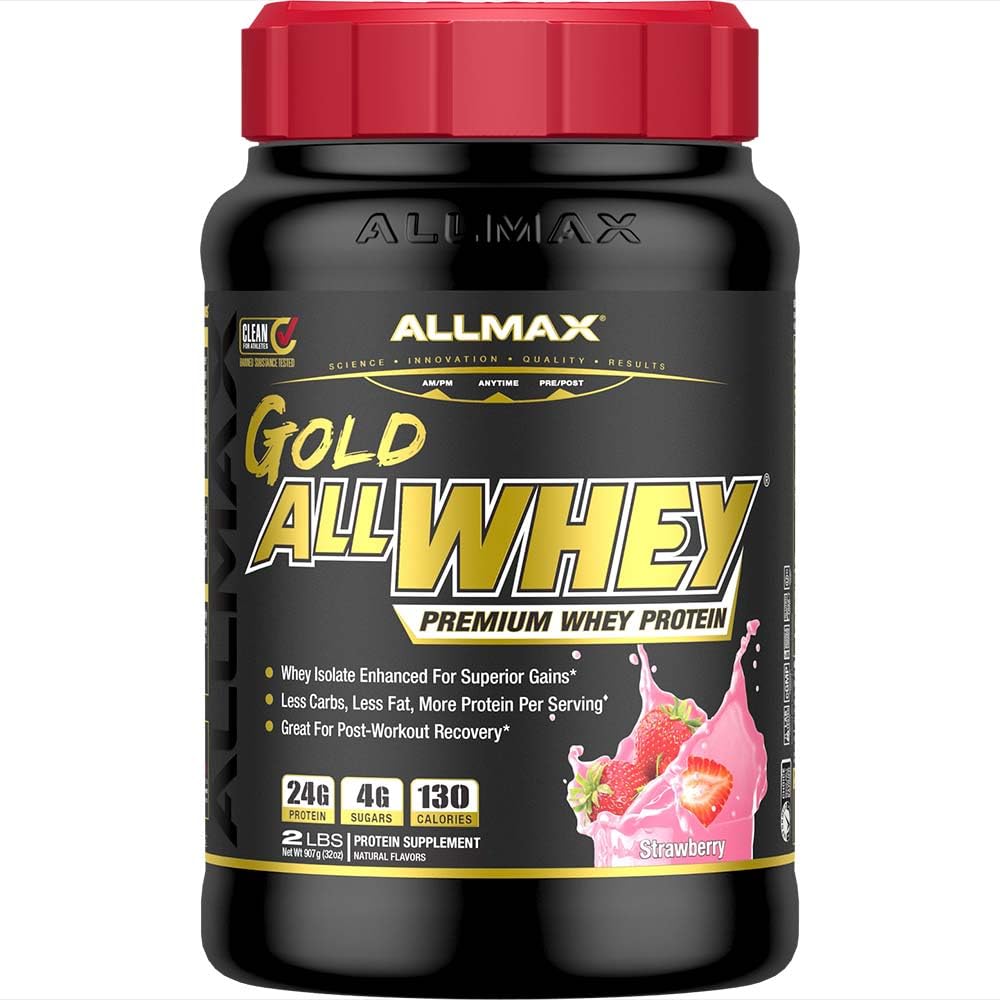 AlMAX 营养金 ALLWHEY,草莓 - 2磅 - 24克蛋白质 Per Scoop - Gluten Free, Low Carb & Low Sugar - 约30种