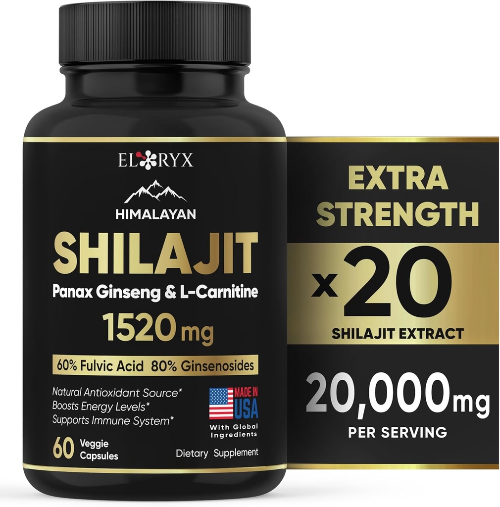 喜马拉雅·希拉吉特补编,60 Capsules, 提取粉末,60%富尔维奇酸,85+ Trace Minerals, 能源与免疫支持希拉吉特 男女,美国制造的抗药剂或药丸的替代品