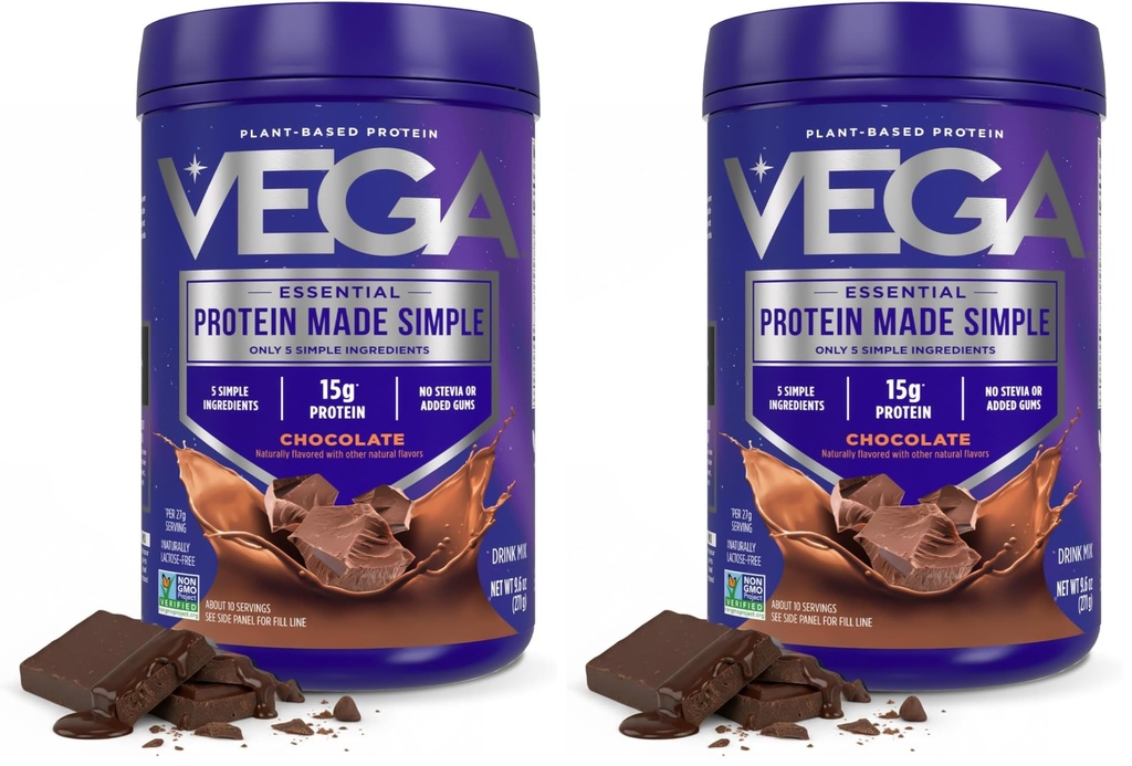 Vega蛋白质制作简单, 暗巧克力 - Stevia Free Vegan蛋白粉, 植物基, 健康, Gluten Free, Pea protein for Women and Men, 9.6 oz (包装 May Vary) (Pack of 2).