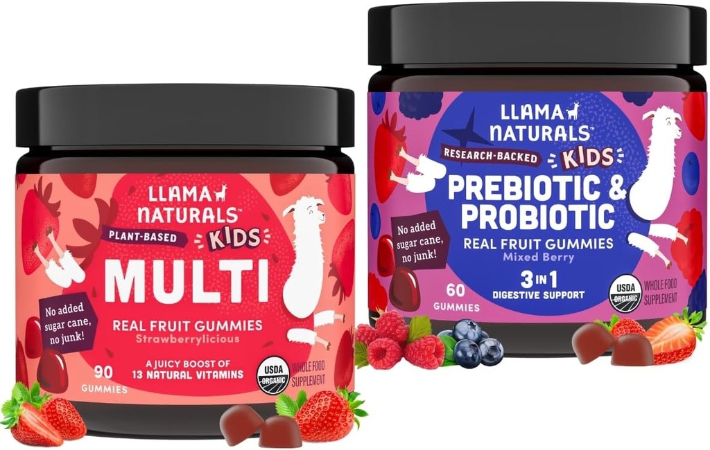 Llama Naturals Kids 多维塔明与Probiotic和Prebiotics Bundle, Vegan, 有机固醇健康和免疫支持Gummys, Real Fruit Gummy Vitamins, 无添加甘蔗, 2瓶, 30天供应