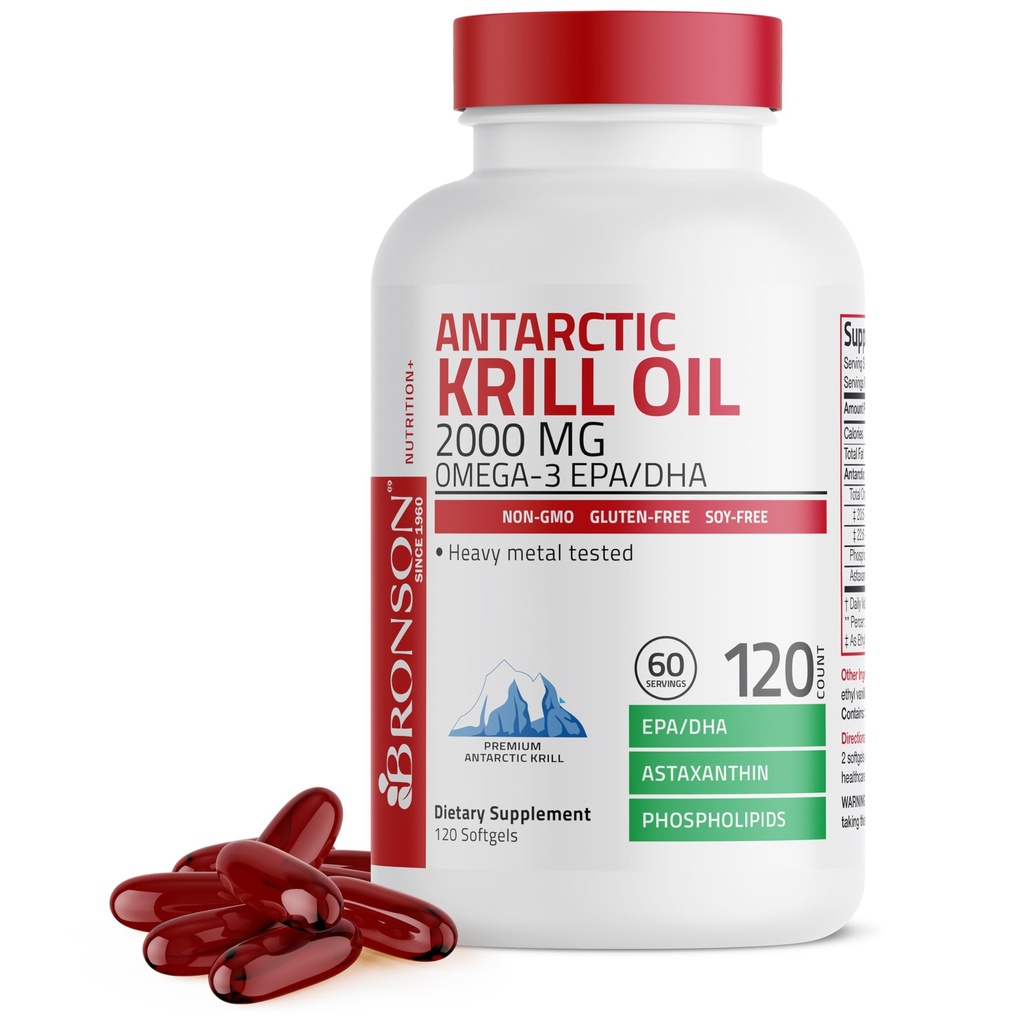 与Omega-3s环保局、DHA、Astaxanthin和Phospolipids 120 Softgel(60架)公司合作的Bronson南极磷脂2000毫克