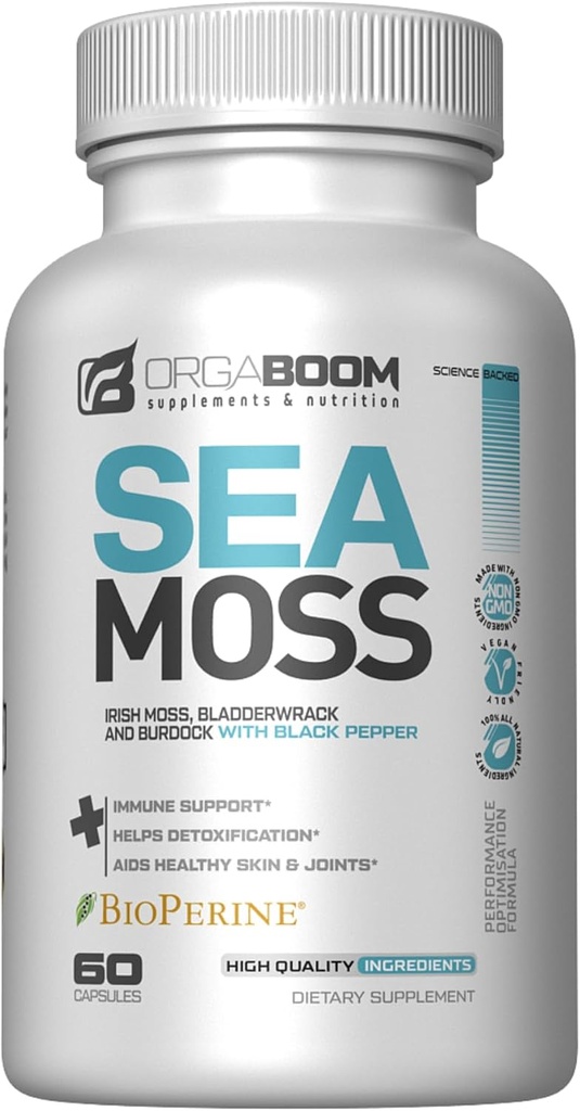 Sea Moss Capsules 爱尔兰海母公司 配有有机伯多克根 Bladderwrack & Black Pepper → Boost Energy, Detox & Immune Support → Non-GMO, Vegan → 在美国制造 - 60 Counter
