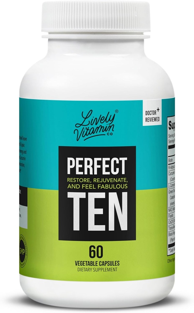 LIVELY VITAMIN CO. Perfect 10 - 抗衰老和抗氧化剂补充剂 - Biotin & Lipoic Acid - 健康头发,皮肤,钉子 - 能量靴 - 更尖锐的大脑功能 - 更强的豁免 - 60盖