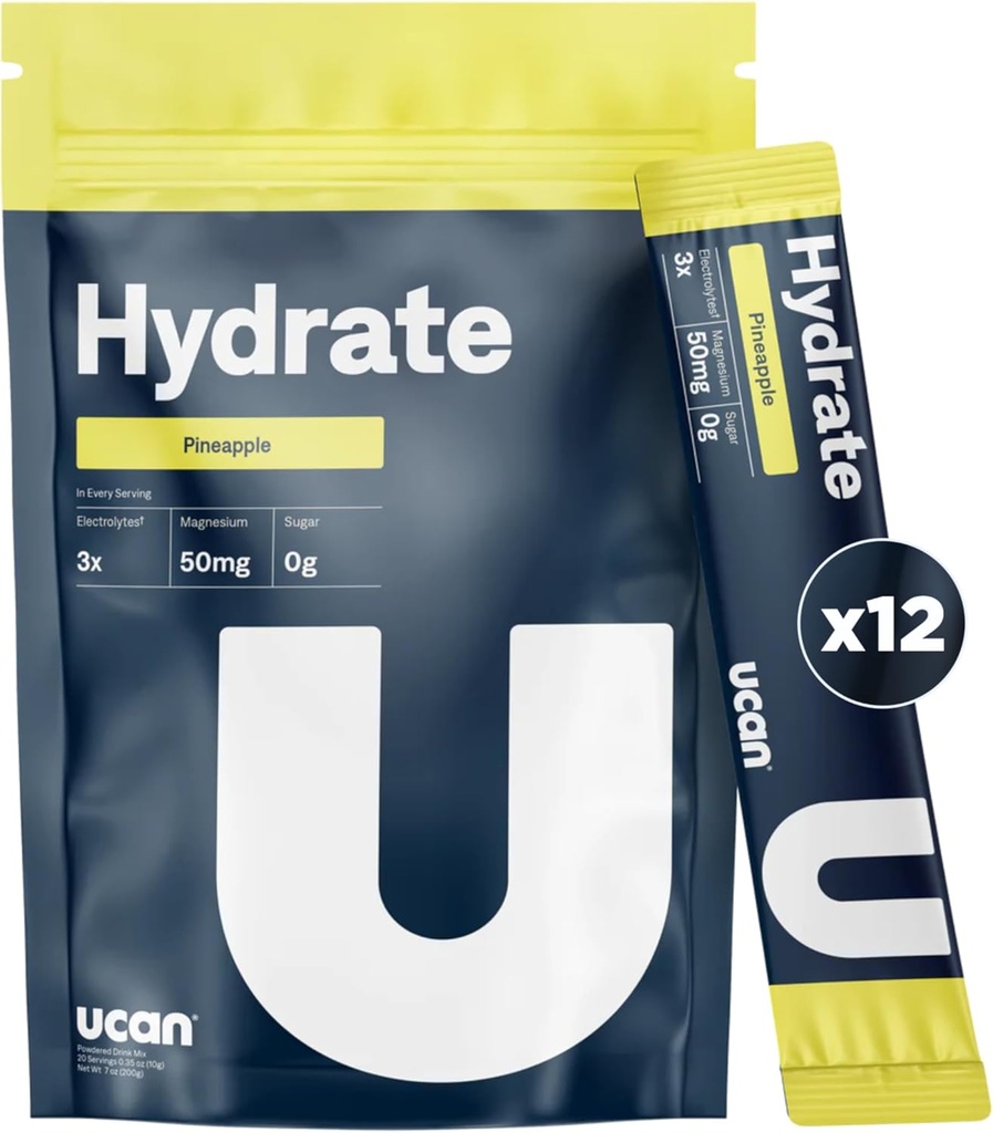 UCAN 水合电解剂 饮用混合剂(菠萝, 12个棒包) 无糖, Keto-Friendly, Vegan, N-GMO, Gluten-Free Electrolyte Powder 配有钾和镁的奔跑者和运动员