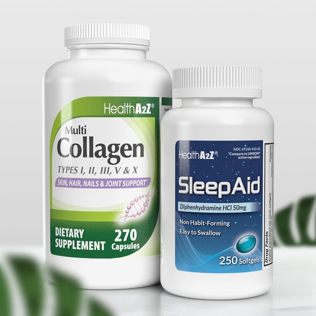 健康 A2Z® 睡眠与复燃 Combo睡眠援助 50mg 二苯胺HCl(250软胶) 多烯烃药,1735 mg(270 Collagen Capsules) – Bundle Deal!