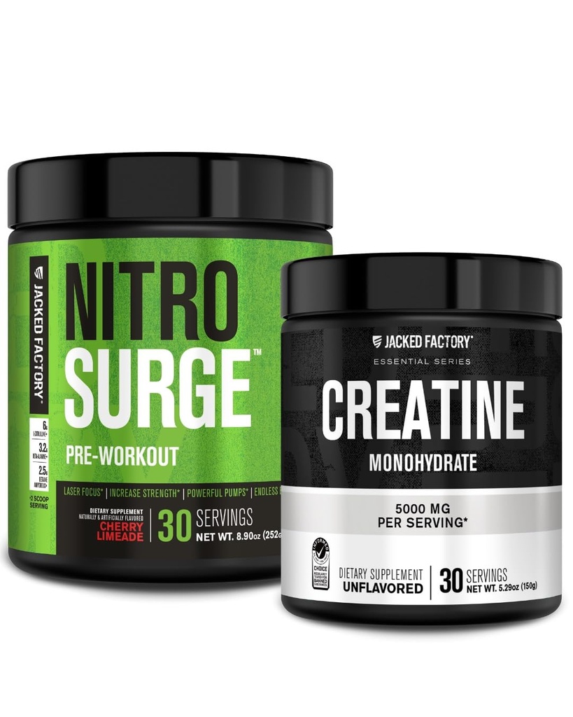 Jacked Factory NITROSURGE 前期工作补充剂(Cherry Limeade) Creatine 单水合物粉(150g),用于肌肉生长,增强强度,增强能量