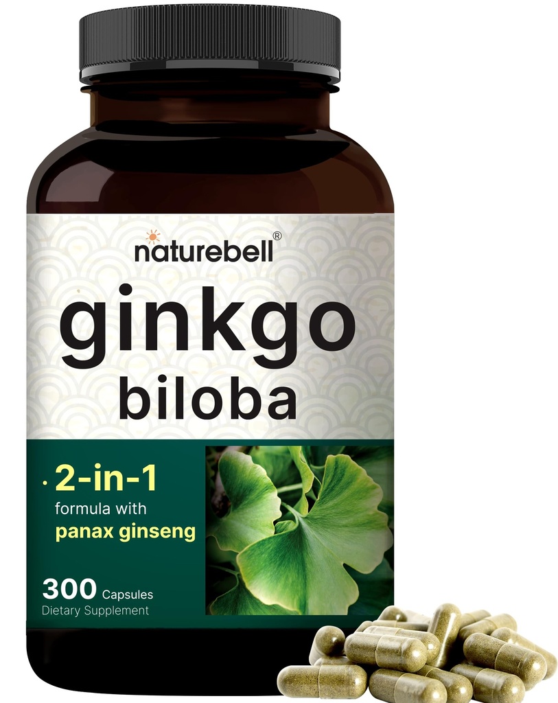 NatureBell Ginkgo Biloba 6,000 mg 与 Panax Ginseng 500 mg Per service \ 300 Capsules – 马克斯强健 Ginko Biloba 提取补充 – 促进记忆、焦点和大脑健康