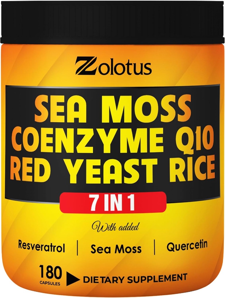 佐洛图斯7 in 1 Sea Moss Supplement + Red Yeast Rice, Coenzyme Q10 Capsules, 等效于8640mg, 配有 Quercetin, Resveratrol, 维生素B3, 维生素D3, 体积平衡, 免疫系统和心脏健康