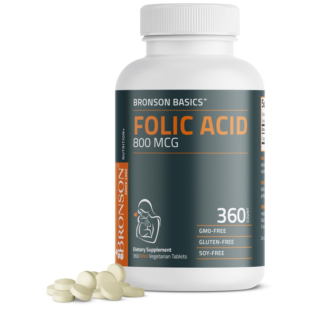 Bronson Folic Acid 800 MCG 支持产前发育,1年供应,非GMO,360片