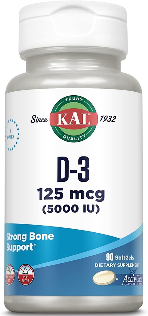 KAL 维生素 D3 5000 IU 软胶(125 mcg),活体维生素D,钙吸收,骨质健康,免疫支持补充,液态填充活性胶,没有大豆制造,90 services,90 Softgels