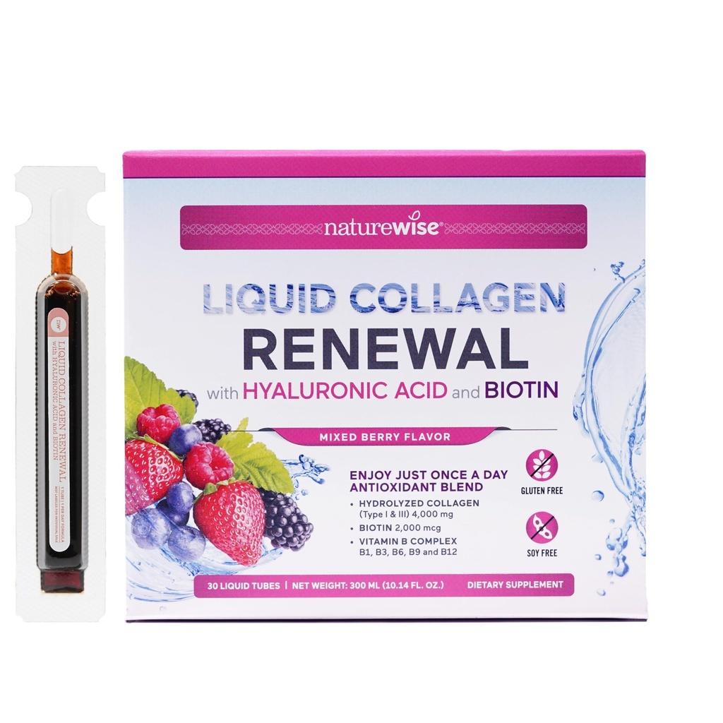 NatureWise Hydrized Liquid Collagen for Women and Men 4000mg - 高吸收,1型和3型Peptides配有Biotin + Vitamin C + Vitamin B 复合与Hyaluronic Acid - Mixed Berry - 30 Tubes [30天供应]