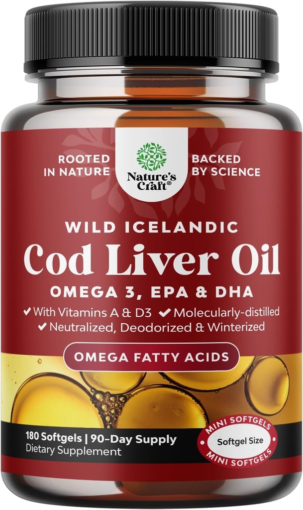 冰岛鳕鱼肝油软胶 - 野生捕捉 EPA DHA Omega 3 鱼油每服1000毫克 - 可持续来源的Burpless鱼油补充剂,配有维生素D3 & A 用于心脏联合脑和免疫支持
