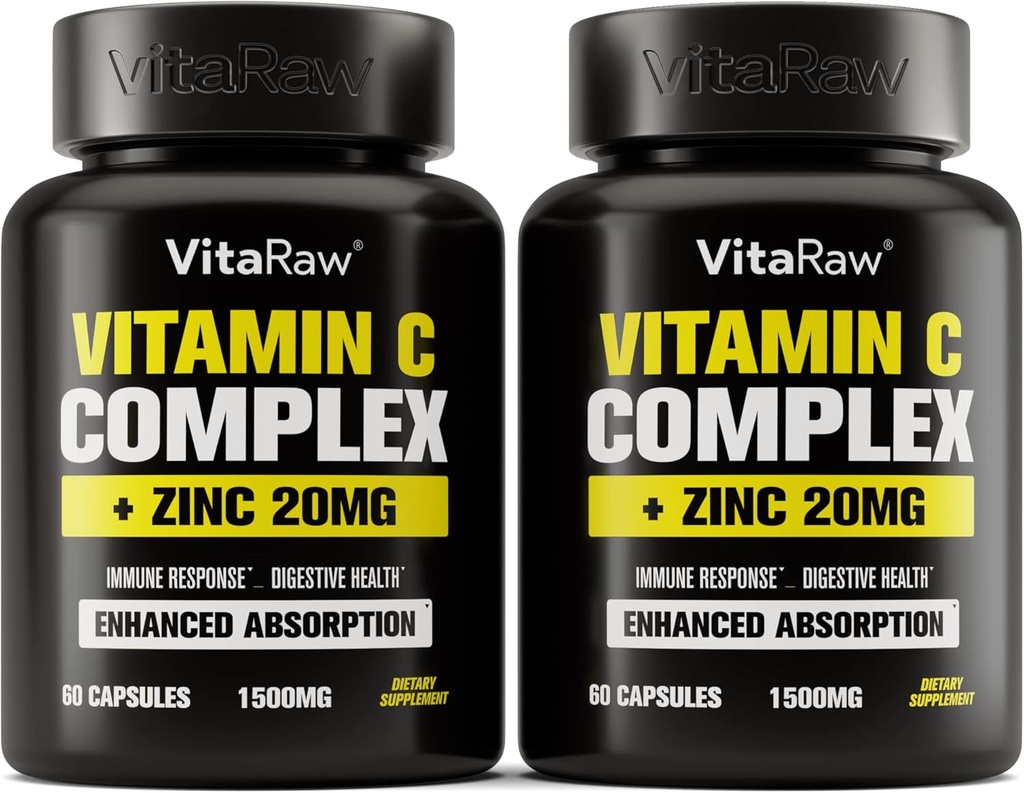 维生素C 补充2 包(120 Veggie Capsules) - 1500mg 配以锌 20mg - 最高吸收 维生素C 免疫支持复合体 - 维生素C C Capsules & Zinc 成人维生素,维特 C 免疫帮助 Vegan