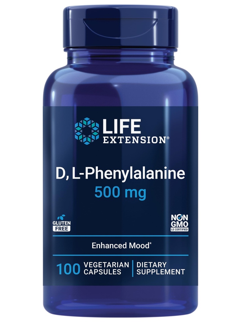 生命延伸 D, L- Phenylalanine Capsules, 500 mg – 支持Mood Health, 促进神经递质健康 – Gluten-free, 非GMO, Vegetarian – 100 Capsules
