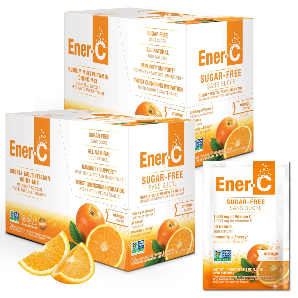 Ener-C 无糖能源 橙色 多维特敏 饮料 混合维生素 C 1000mg & 电解质 - 天然豁免支持 实果汁粉 Non-GMO Vegan & Gluten Free - 60 Counter