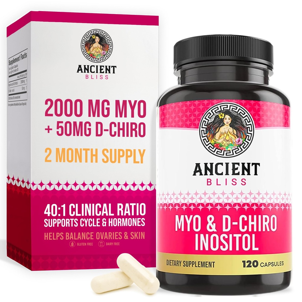 Ancient Bliss Myo & D-Chiro Inositol 补编,40比1比例,帮助支持妇女的有机功能,维生素B8 帮助规范月经周期,每服务2050mg,120 Vegan Capsules