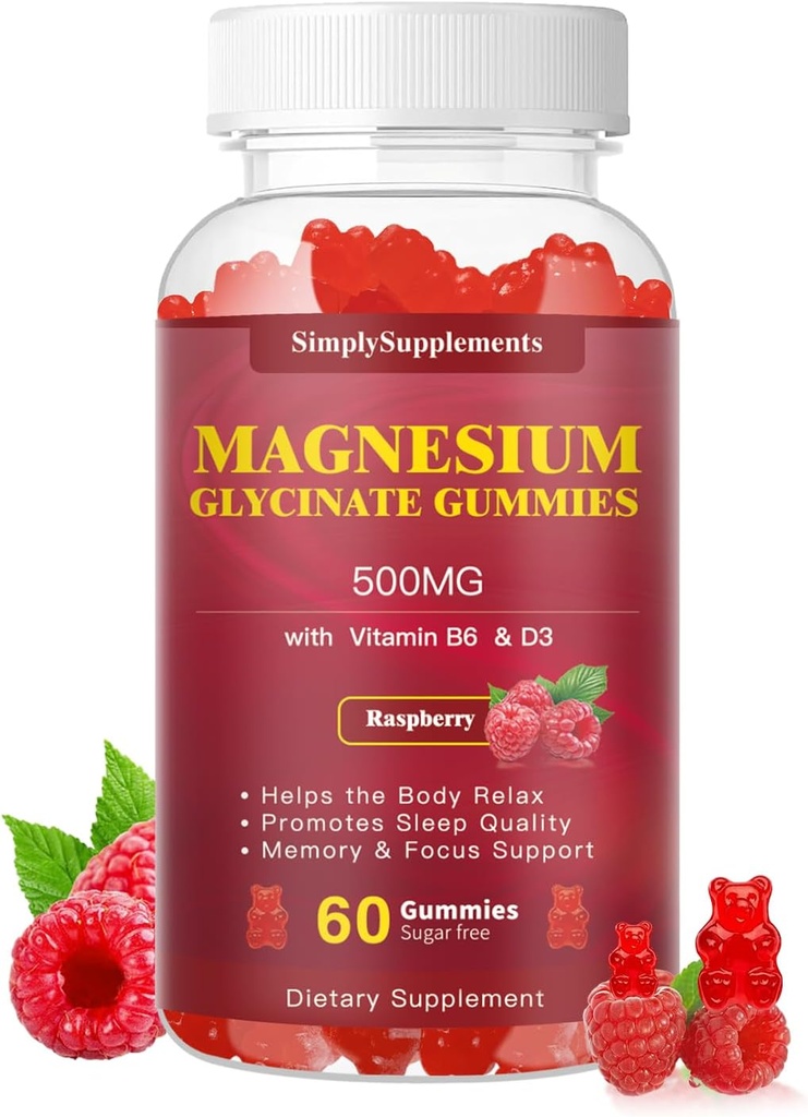 甘氨酸镁500mg, 含维生素D3, B6, CoQ10的可嚼镁补充剂, 用于放松、睡眠和泥浆支持, 淡化甘氨酸镁 - 60 Raspberry Gummys