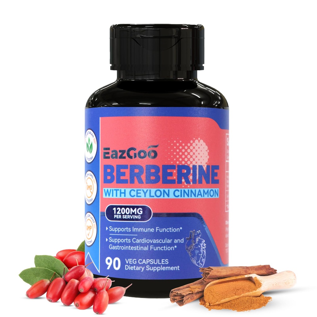Premium Berberine Supplement 1200mg 与锡兰锡桂 - 90 Vegan Capsules - Berberine HCL Supplement N-GMO Gluten Free, Immune 支持