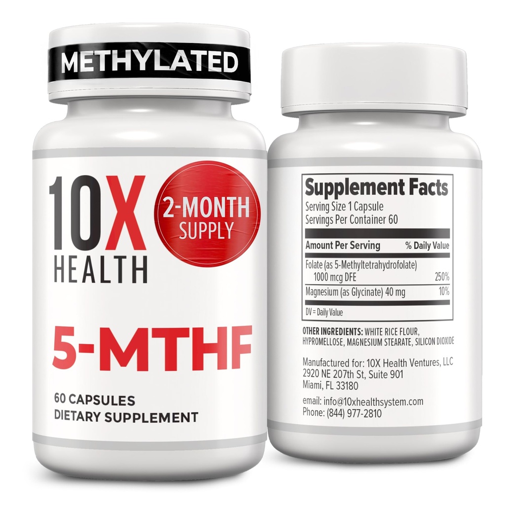 10X 健康 5-MTHF 甲基folate - 用于大脑的甲基Folate和镁,心脏健康,DNA和神经递质合成 - 生物可用甲基Folate补充剂 - 甲基Folate补充剂 60 Capsules