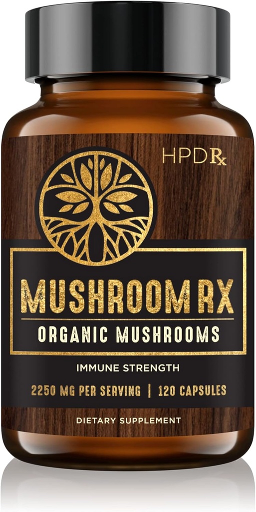 HPD Rx 蘑菇 Rx 有机蘑菇 提取 Blend Max 豁免剂量,狮子的玛恩,查加,瑞希,Shiitake Maitake和土耳其 Tail 蘑菇 Supplements | 2250 mg,30天供应,包装1