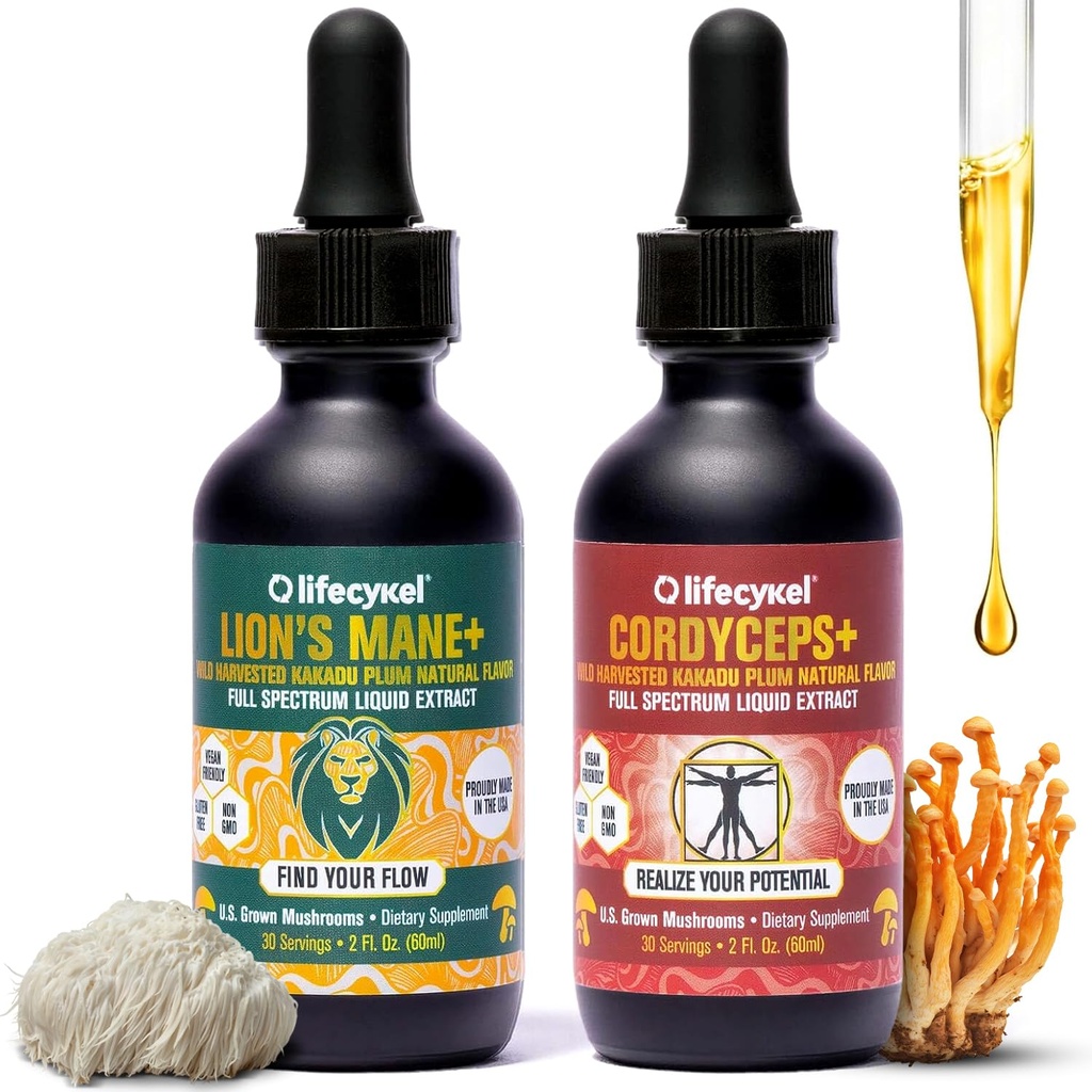 Life Cykel Cordyceps +Lion's Mane Extract Performance Pack - Organic Mushroom Supplement for Energy, Focus & Mental Clarity - USA Made, Pure & Potent Mushroom Liquid Drops for Adults