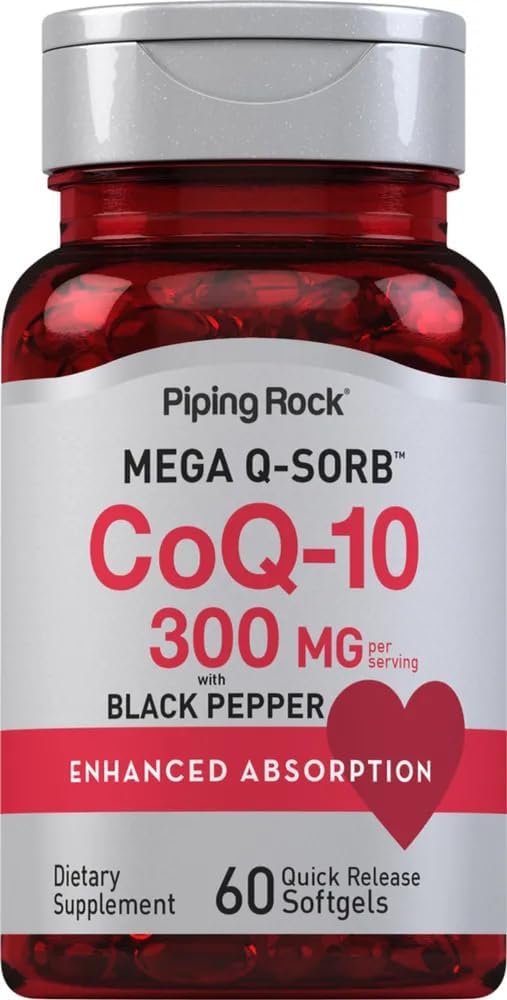 CoQ10 300mg → 60 Softgels → 与黑辣椒 → Coq10 Coenzyme 补充 → Mega Q-Sorb → 增强吸收 → 非 GMO , Gluten Free → by Piping Rock