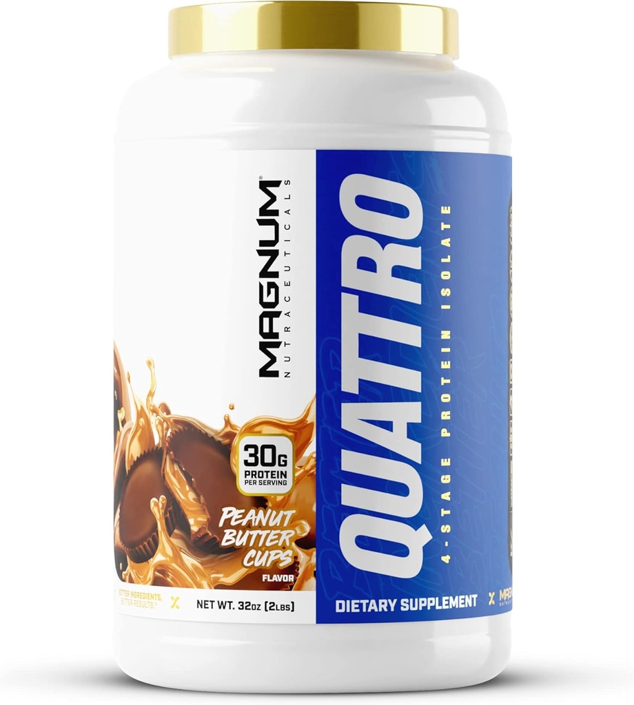Magnum Nutraces Quattro Whey蛋白粉,花生酱杯 2lb – Premium protein Isolate Blend 用于肌肉生长和复苏