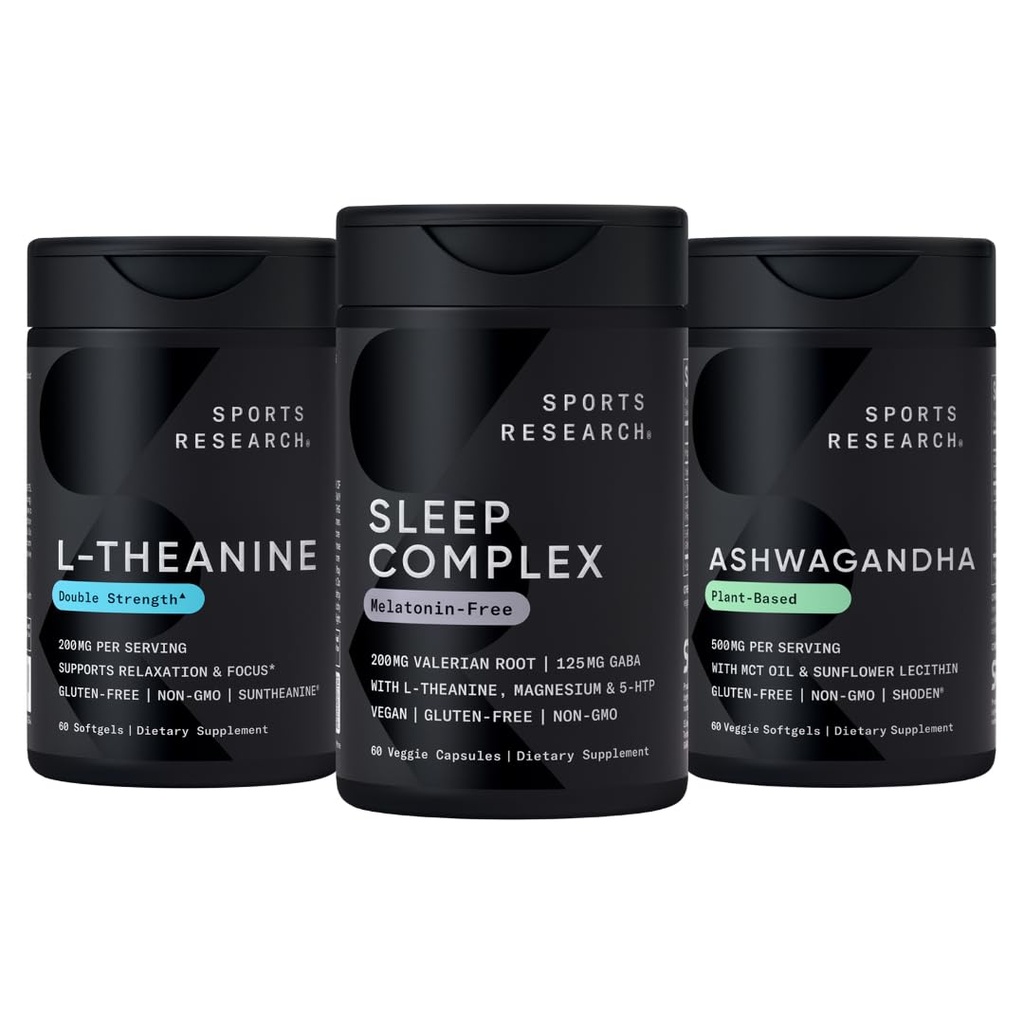 运动研究 睡眠综合体 Melatonin-Free Vegan Capsules, 双强 L-Thenine 增益 聚焦, 放松和警惕 和 Ashwagandha 软胶 放松, 冷静和睡眠支持