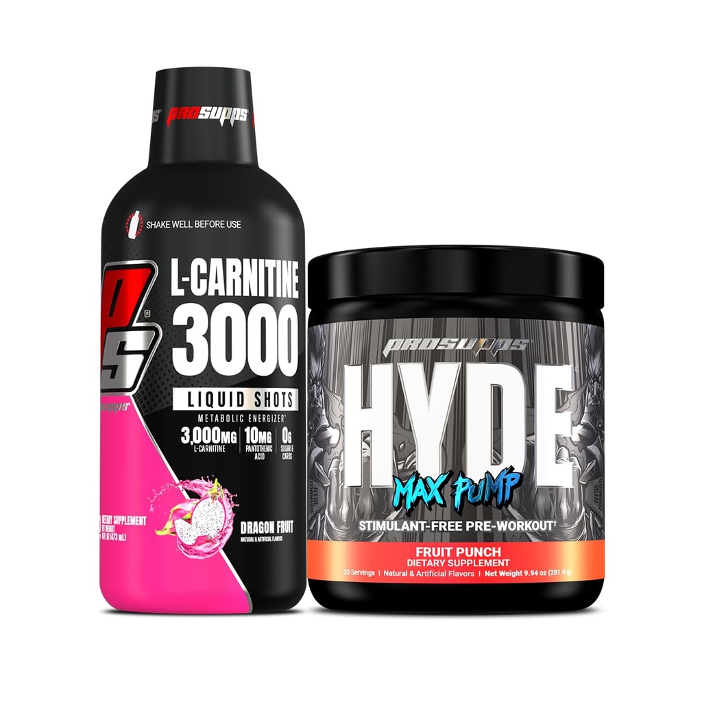 PROSUPS L-Carnitine 3000 无兴奋剂液体射击(Dragon Fruces)和Hyde Max Pump 男女预选(Fruit Punch)