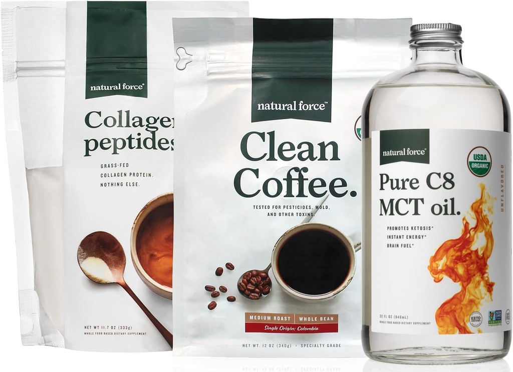 自然力量 有机清洁咖啡、Collagen Peptides和纯C8 MCT Oil Bundle – 毒素自由咖啡、草酸Collagen, & MCTs - 非GMO、Keto、和Paleo - 12 Oz、11.7 Oz、32 Oz