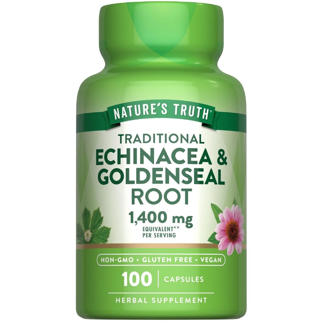 Nature's Truth Echinacea Goldenseal Capsules | 1400mg | 100 Counter | Vegan, Non-GMO & Gluten Free Supplement | 草本支持综合体