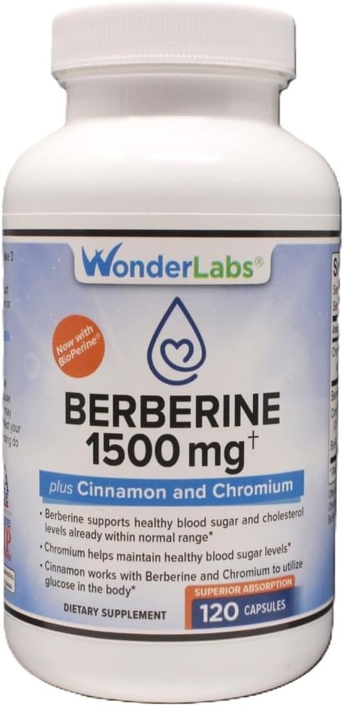 Wonder Laborators Surperior Absolute Berberine HCL 1,500mg + 肉桂,铬,以及葡萄糖,心脏和免疫系统生物Perine维护 Gluten & GMO Free - 120 Capsules