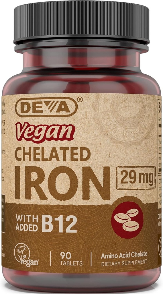 DEVA Vegan Cheladeled 铁与添加的维生素B-12, 膳食补充剂, 29 mg, 90 counter