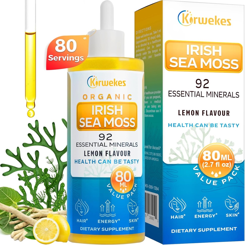 Sea Moss & Ashwagandha 根滴 - 10X 更强的Seamos & Ashwagandha 供男女使用, Sea Moss Drops for Mood, 豁免, 消化, 能源, 皮肤, 头发联合(Lemon Flavour - 80 services)