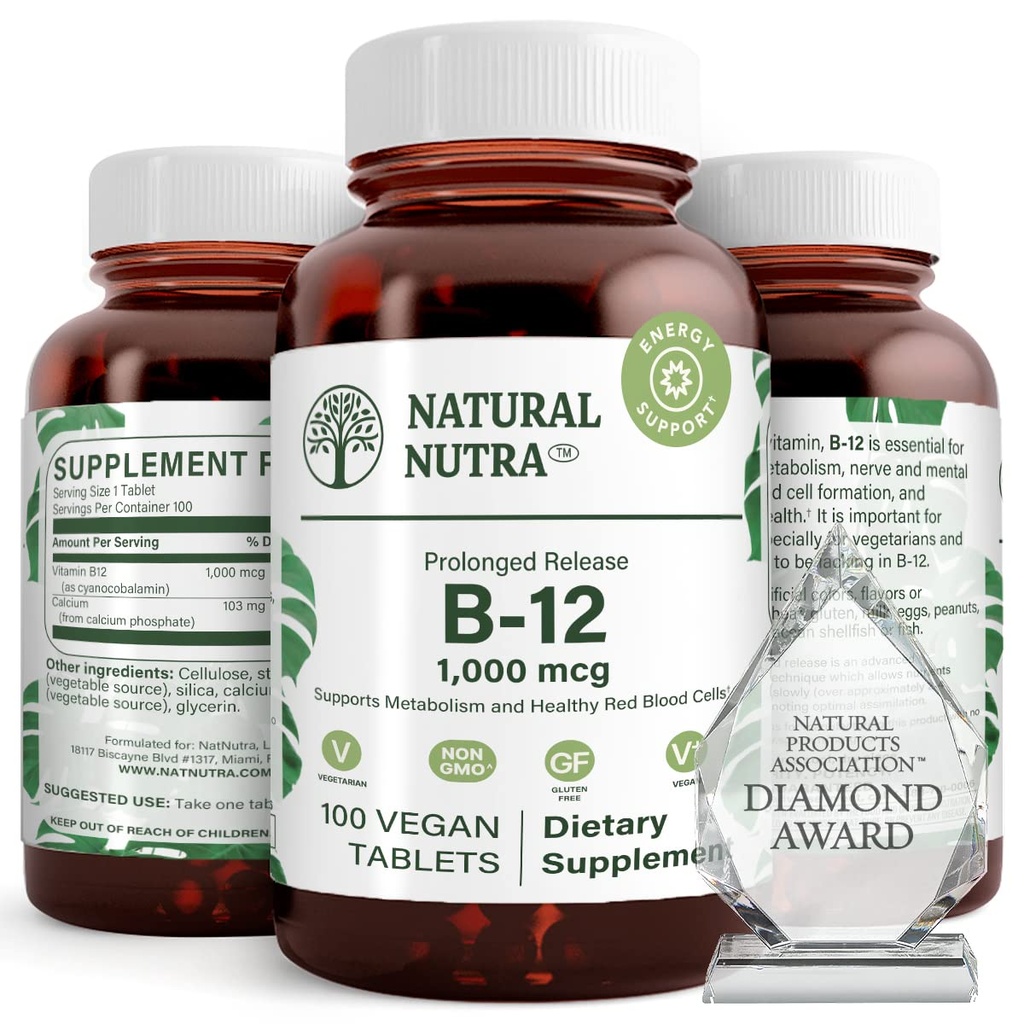 天然营养素 B12 1000 mcg,促进心脏和神经健康,Cobalamin B12 补充剂,磷酸钙,代谢健康帮助,最佳吸收,无糖,100 Vegan 片