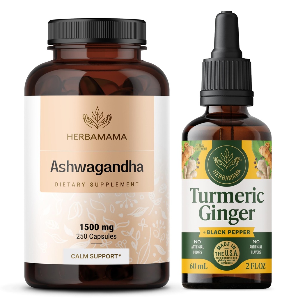 HERBAMAMA Ashwagandha和Turmeric Ginger Kit - 1500 mg Ashwagandha Root Capsules & Turmeric Ginger Tincture 2 fl oz - Vegan,非GMO,糖和无酒精 - 2包