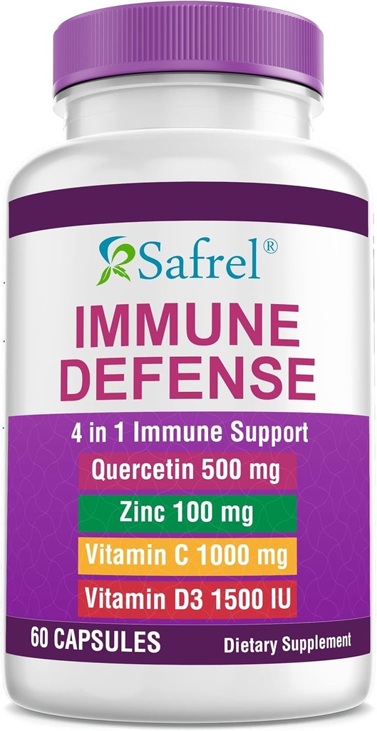 Safrel 强力免疫支持, Quercetin 500 mg, Zinc Piclinate 100 mg, VitamatiC 1000 mg, Vitamin D3 1000 IU, 60 Capsules, 1个月供应 QQ Vegan