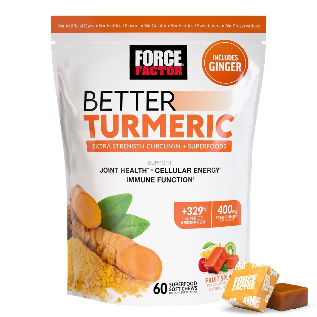 FORCE FACTOR 更好的Turmeric Supplement 400mg 配黑辣椒和姜汁,超强联合支持,高级吸收,如Turmeric Gummys,水果喷洒,60 Turmeric Chews