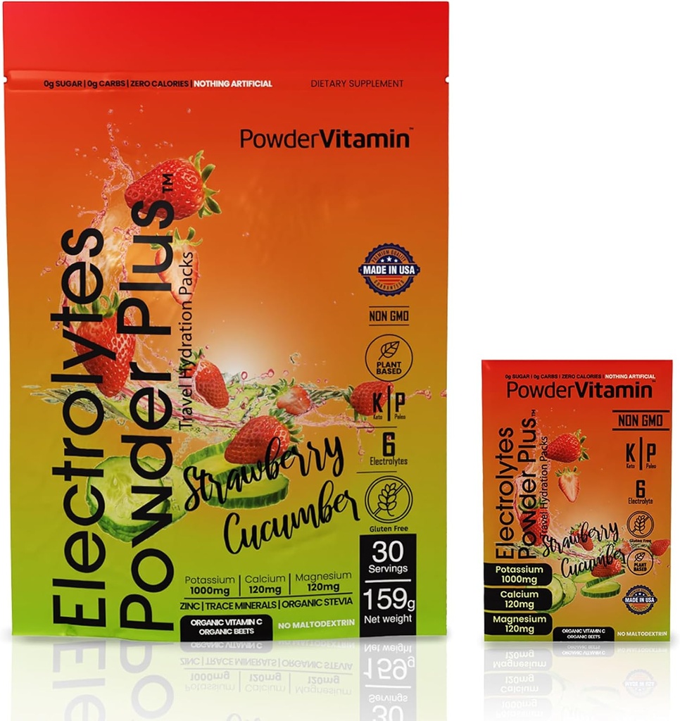 动力维他命 电解质 粉末包 - 草莓 木瓜 - Keto Electrolytes for Daily Energy - 水化粉有1000mg钾,120mg镁,零卡路里 - 30水化包