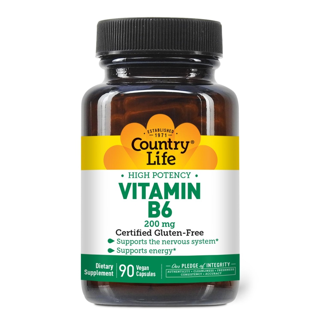 乡村生活维生素B-6,高潜力,支持能量和神经系统,200mg,90 Vegan Capsules,认证Gluten Free,认证Vegan,认证Halal...