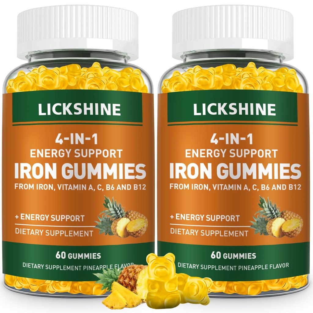 2 Pack Vegan 100MG 女性和男性的铁辅料 - 维生素C,A,B 成人和孩子 - 缺铁的能量支持 Anemia - Pineapple Flavor(120Ct)
