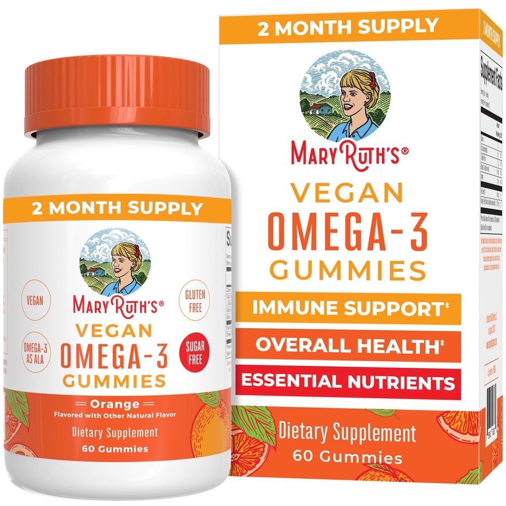 MaryRuth Orth Organics Vegan Omega 3 Gummys for adderns \\ 2个月供应\无糖 配有维生素C \ Flaxseed Oil Immune 支持\\ 总体健康\ 没有鱼味\\ 60个伯爵
