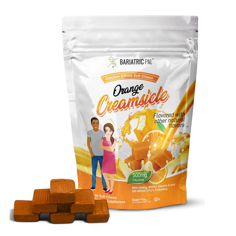 BariatricPal 无糖钙 Citrate Soft Chews | 500mg 配有维生素D和 Probiotics | 橙色奶油 | 90 个计数(1个月供应)