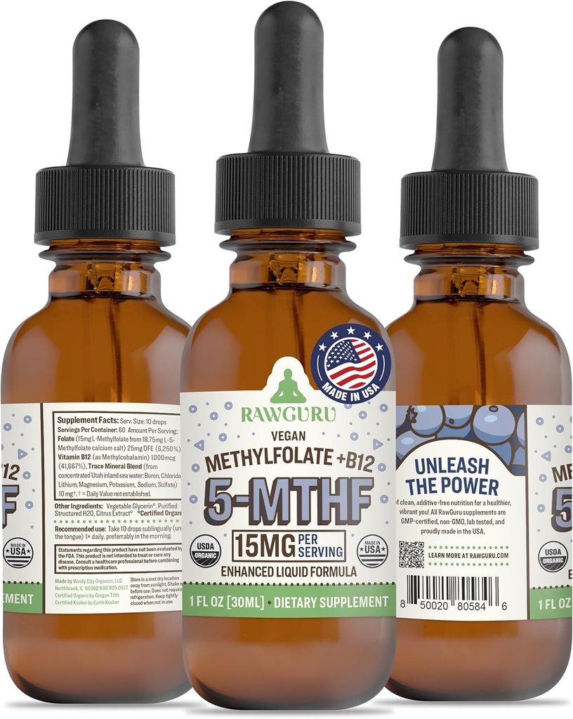 RawGuru L-Methylfolate 15 mg + 维生素 B12 - 有机维冈 甲基化B12 配有跟踪矿物 - 纳米加工和增强液态 - 300 services Vegan Drops每30毫升,包装为1