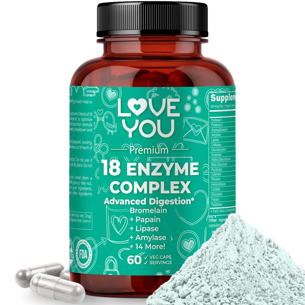 Love You 18 Enzyme Complex – 基于植物的男女消化酶 – 支持营养吸收和消化舒适 – 60 Vegan Capsules Made in USA