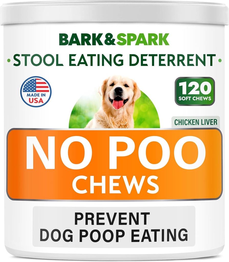 BARK&SPARK No Poo treats - 防止狗便便吃 - Coprophagia treatment - 工具吃 Deterrent - Probiotics & Ezyms - 消化健康+呼吸援助 - 120 Soft Chews - 美国制造 - Liver