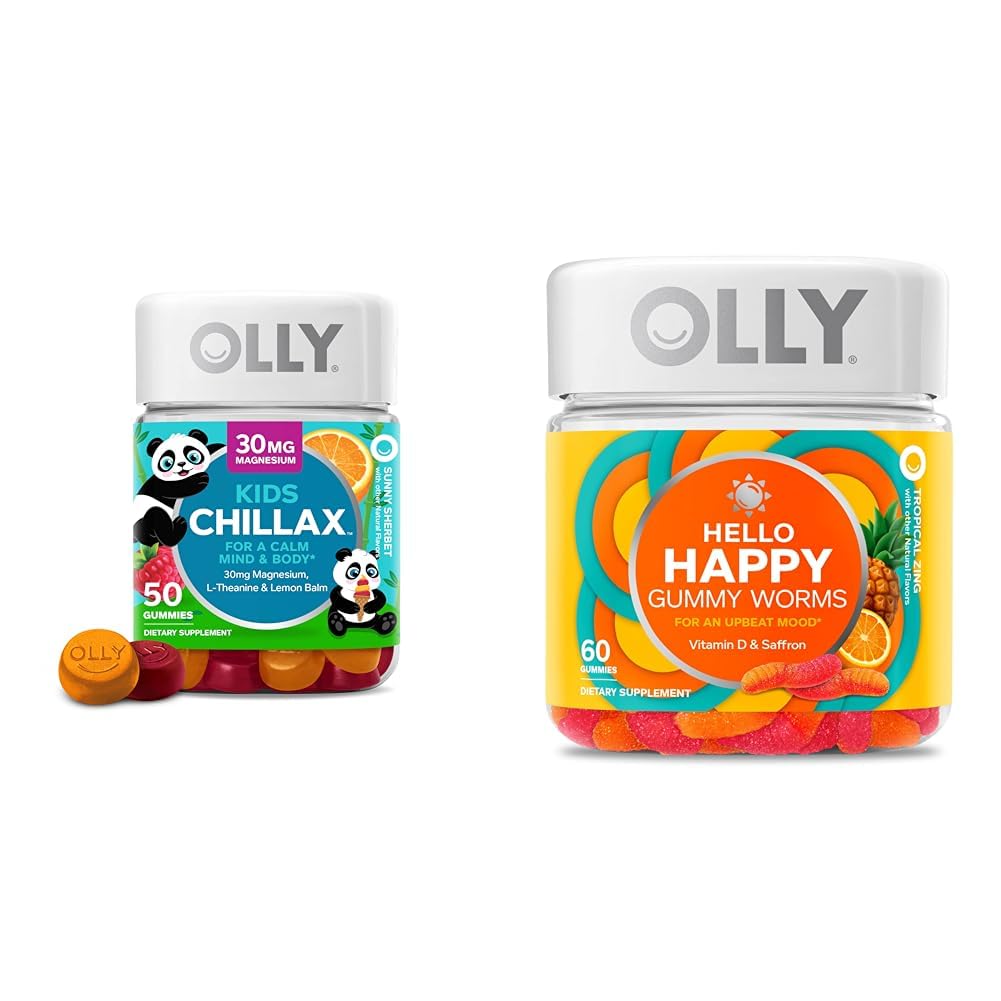 OLLY Kids Chillax, Magnesium Gummys Plus L-Theanine, Lemon Balm & Hello Happy Gummy Worms, 茂德平衡支持, 维生素D, 沙芙蓉, 成人 Chewable 补充, 热带 Zing - 60 Counter