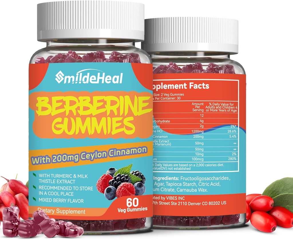 2 Pack Berberine Gummys 1200mg 与锡兰锡桂200mg, Milk Thetle 提取 & Turmeric, Vegan Berry Flavor, Non-GMO, Gelatin - Free, Gluten - Free, 120 Counter (英语).