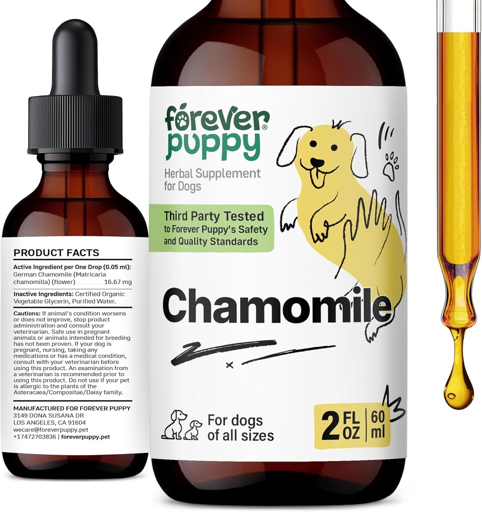 (原始内容存档于2019-09-21) (英语). Forever Pupy Chamomile Drops for Dogs - Liquid Chamomile Extraction for Gas Relief & Gut Cleanse Support - 全育犬和大小犬的消化健康液体补充 - 2 oz