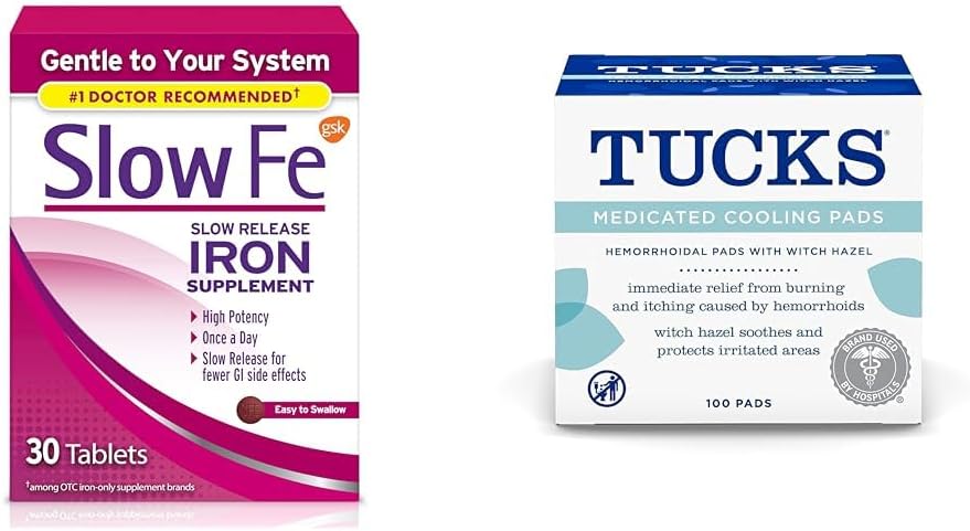 慢 Fe 45mg 铁补品 铁缺乏药片和 Tucks 药剂 冷却剂 血栓, 100 计数
